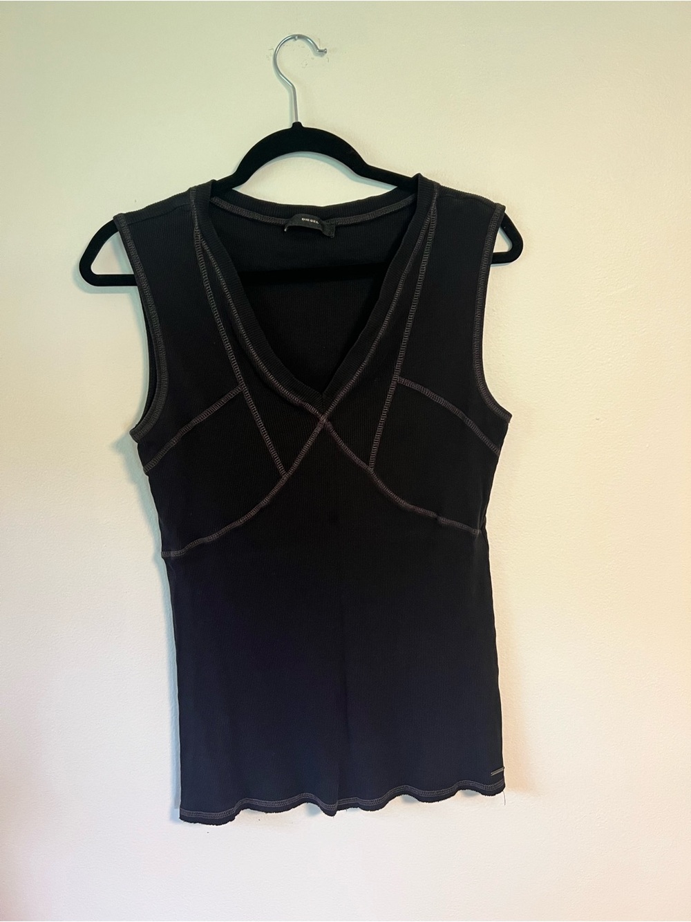 Diesel Black Sleeveless V-Neck Tank with Contrast Stitching